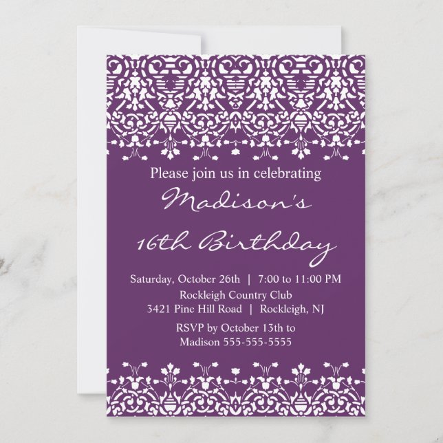 Trendy Damask Sweet Sixteen Birthday Invitation (Front)