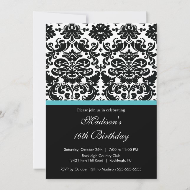 Trendy Damask Sweet Sixteen Birthday Invitation (Front)