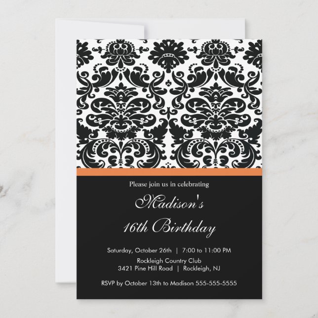 Trendy Damask Sweet Sixteen Birthday Invitation (Front)