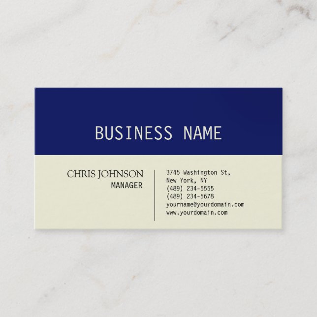 Trendy Dark Blue Beige Charm Manager Business Card (Front)