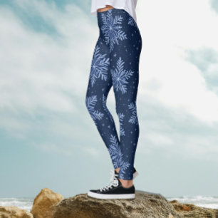 Trendy Dark Blue Night Winter Snowflake Pattern  Leggings