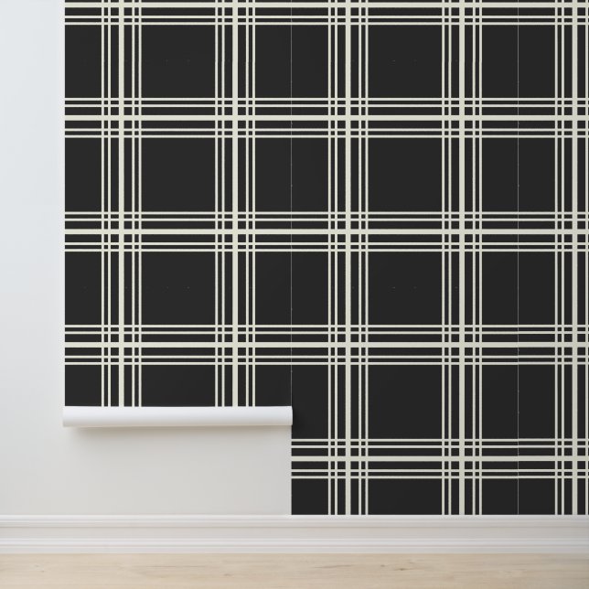 Trendy Dark Charcoal Black Ivory White Grid Lines Wallpaper (Application)
