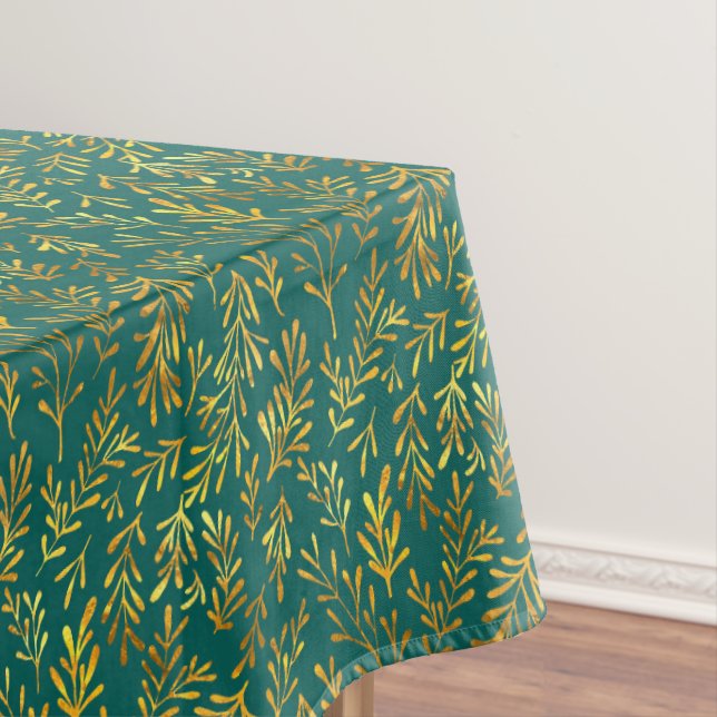 Trendy Dark Green Gold Leaf Fall Autumn Pattern Tablecloth (In Situ)