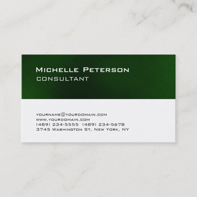 Trendy Dark Green White Modern Business Card (Front)