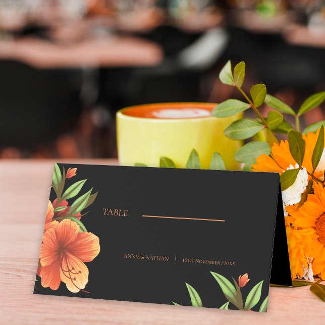 Trendy Dark Moody Orange Floral Wedding Place Card (Trendy Dark Moody Orange Floral Wedding Place Card)