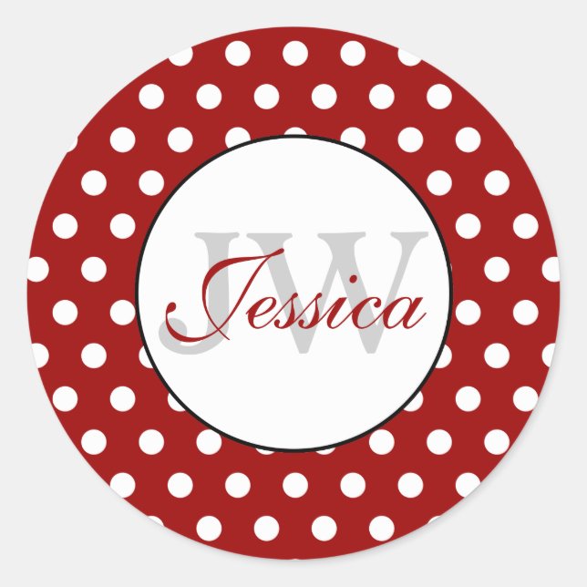 Trendy Dark red and White polka dots Monogram Classic Round Sticker (Front)