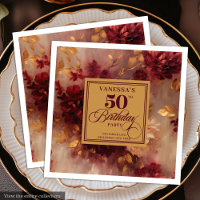 Trendy Dark Red Blush Gold Flowers 50th Birthday