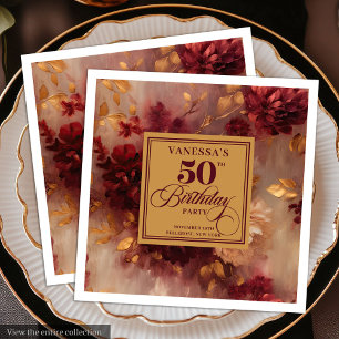Trendy Dark Red Blush Gold Flowers 50th Birthday   Napkin
