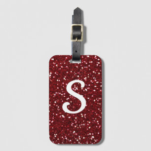 Trendy Dark Red Glitter Monogram Initial Luggage Tag