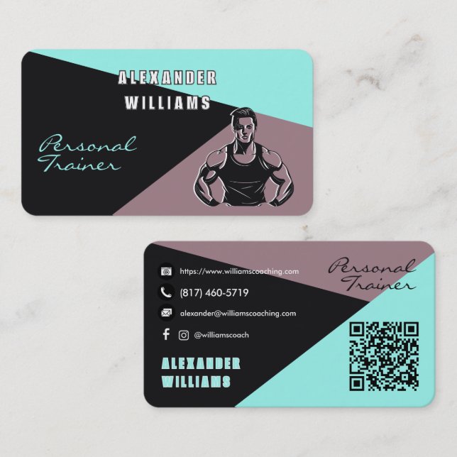 Trendy Dark Sand Blue Green Personal Trainer Business Card (Front/Back)