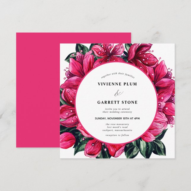 Trendy Deep Pink Floral Wedding Invitation (Front/Back)