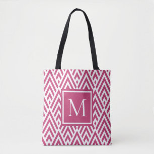 Trendy Deep Pink Monogram Arrow Diamond Pattern Tote Bag
