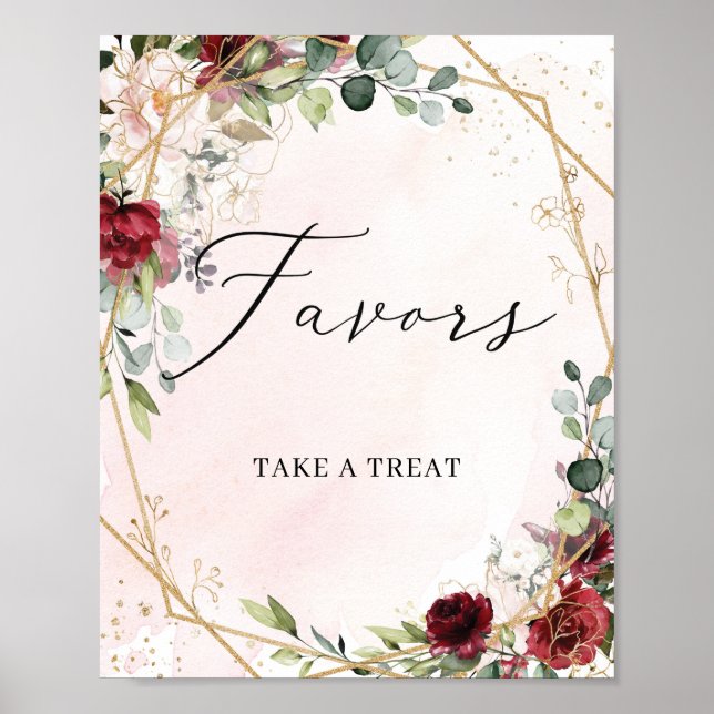 Trendy deep red merlot floral gold favors sign (Front)