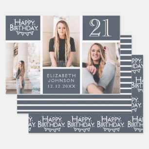 Trendy Denim Blue Photo Collage 21st Birthday  Wrapping Paper Sheet