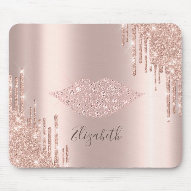 Trendy Diamonds Lips Rose Gold Glitter Drips Mouse Mat (Front)