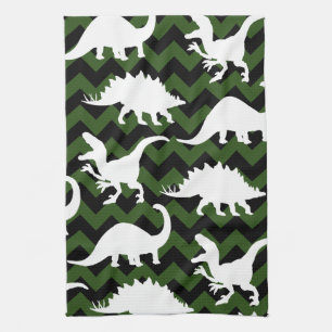 Trendy Dinosaur Silhouettes & Green Chevrons Tea Towel