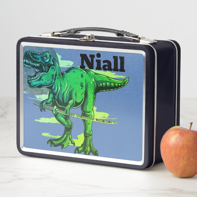 Trendy Dinosaur T Rex Personalised Metal Lunch Box (In Situ)