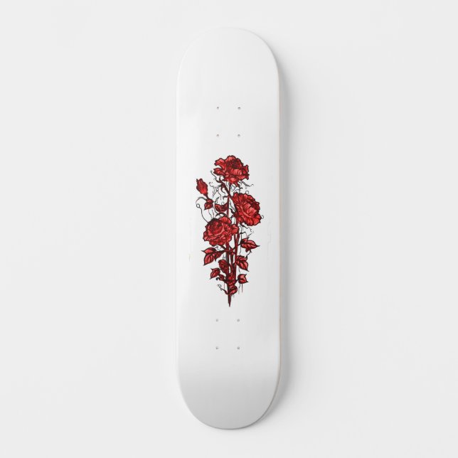 Trendy Distressed Grunge Red Rose Skate Deck (Front)