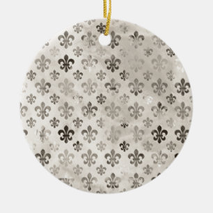 Trendy Distressed Silver Grey Fleur De Lis Pattern Ceramic Tree Decoration