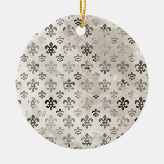 Trendy Distressed Silver Grey Fleur De Lis Pattern Ceramic Tree Decoration (Front)