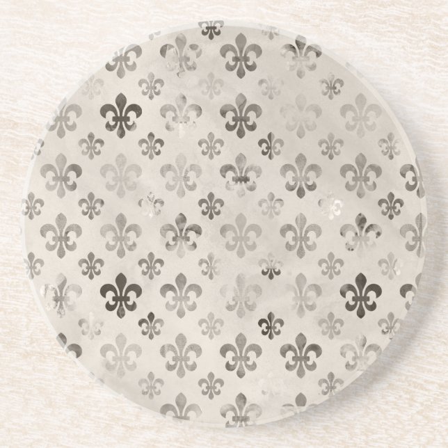 Trendy Distressed Silver Grey Fleur De Lis Pattern Coaster (Front)