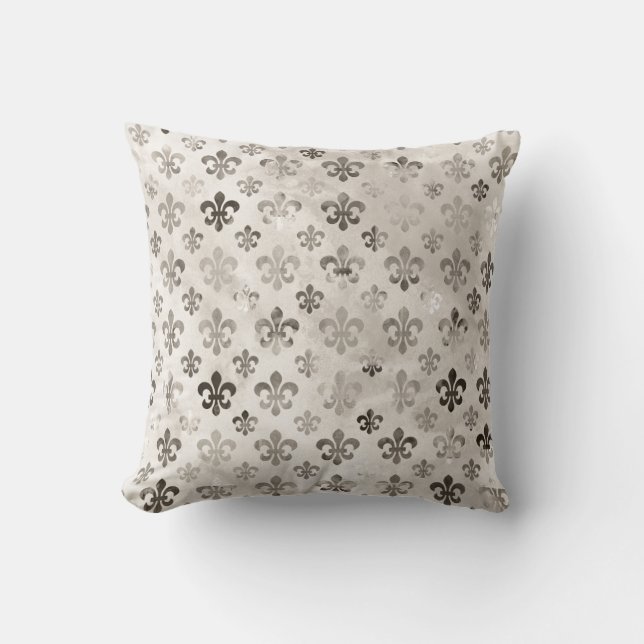 Trendy Distressed Silver Grey Fleur De Lis Pattern Cushion (Front)