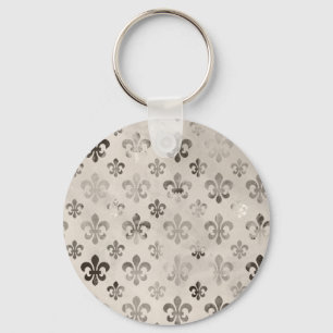 Trendy Distressed Silver Grey Fleur De Lis Pattern Key Ring