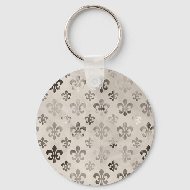 Trendy Distressed Silver Grey Fleur De Lis Pattern Key Ring (Front)