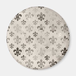 Trendy Distressed Silver Grey Fleur De Lis Pattern Magnet