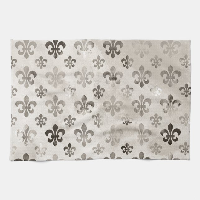 Trendy Distressed Silver Grey Fleur De Lis Pattern Tea Towel (Horizontal)