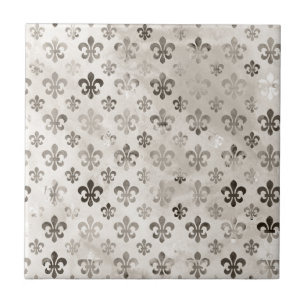 Trendy Distressed Silver Grey Fleur De Lis Pattern Tile