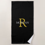 Trendy DIY Monogram & Name, Gold/White Text, Black Beach Towel<br><div class="desc">Personalise with your monogram and name in gold and white text on a black background. This stylish and trendy classic design makes a great gift for him or her.</div>