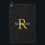 Trendy DIY Monogram & Name, Gold/White Text, Black Golf Towel<br><div class="desc">Personalise with your monogram and name in gold and white text on a black background. This stylish and trendy classic design makes a great gift for him or her.</div>