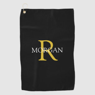 Trendy DIY Monogram & Name, Gold/White Text, Black Golf Towel