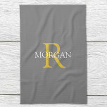 Trendy DIY Monogram & Name, Gold/White Text, Grey Tea Towel<br><div class="desc">Personalise with your monogram and name in gold and white text on a Grey background. This stylish and trendy classic design makes a great gift for him or her.</div>