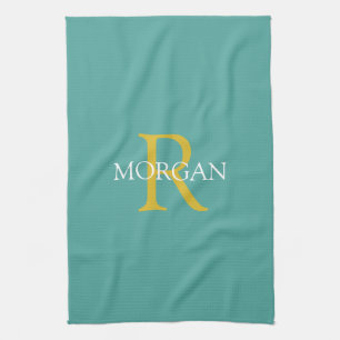 Trendy DIY Monogram & Name, Gold/White Text, Teal Tea Towel