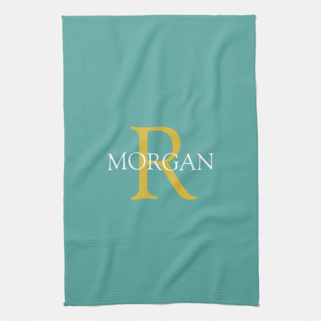 Trendy DIY Monogram & Name, Gold/White Text, Teal Tea Towel (Vertical)