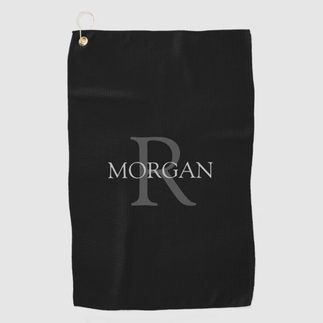 Trendy DIY Monogram & Name, Grey Text, Black Golf Towel (Front)