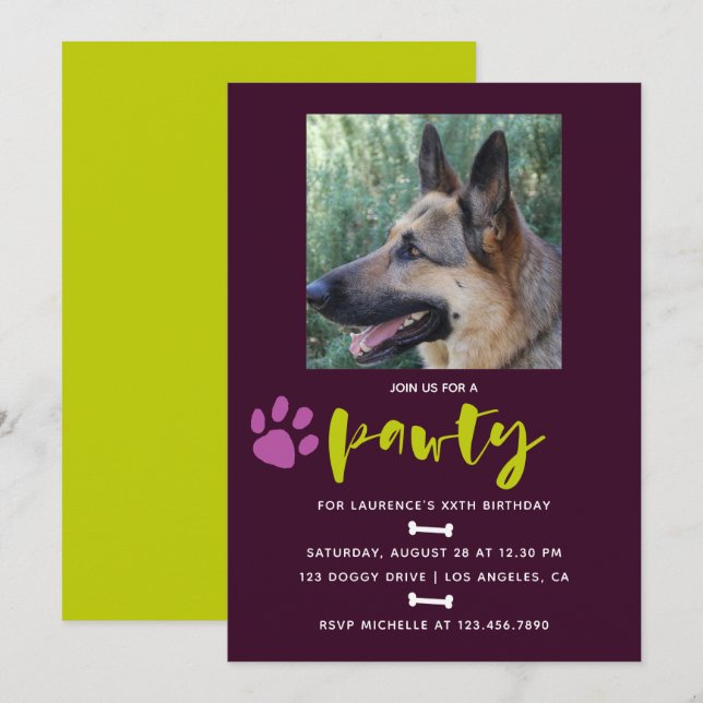 Trendy Dog or Puppy Birthday Party photo invite (Front/Back)