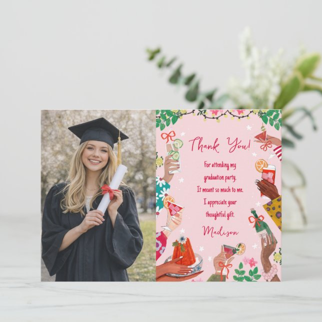 Trendy Doodle Cheers to Grad Photo Thank You Card (Standing Front)
