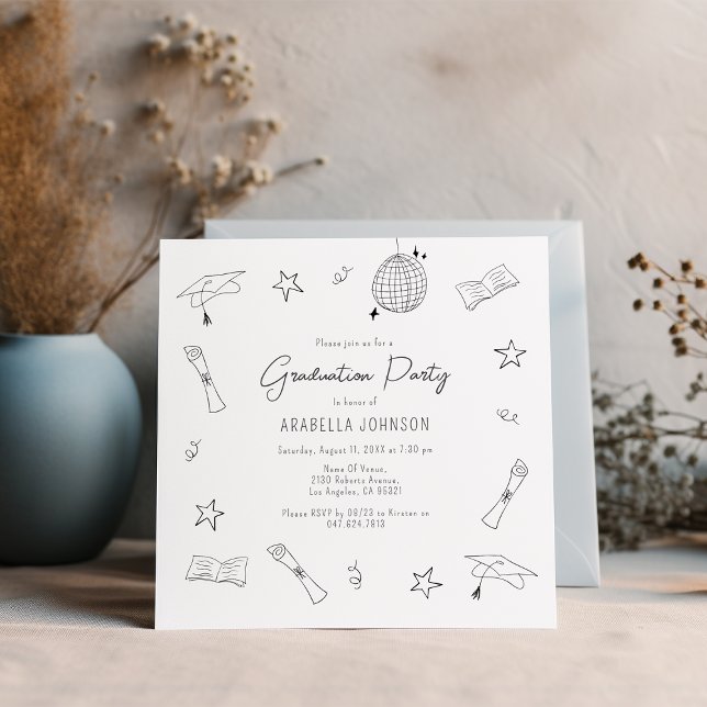 Trendy Doodle Graduation Party Holiday Card (Creator Uploaded)