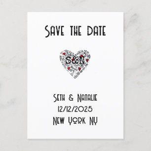 trendy doodle love heart black white red art deco postcard