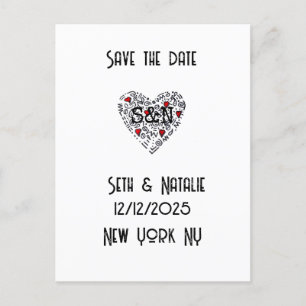 trendy doodle love heart save the date postcard