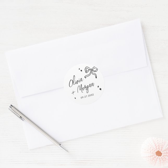 Trendy Doodle Script Ribbon Wedding Classic Round Sticker (Envelope)