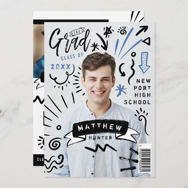Trendy Doodle Sketch Magazine Cover Boy Grad Party Invitation (Front/Back)