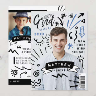 Trendy Doodle Sketch Magazine Cover Boy Grad Party Invitation
