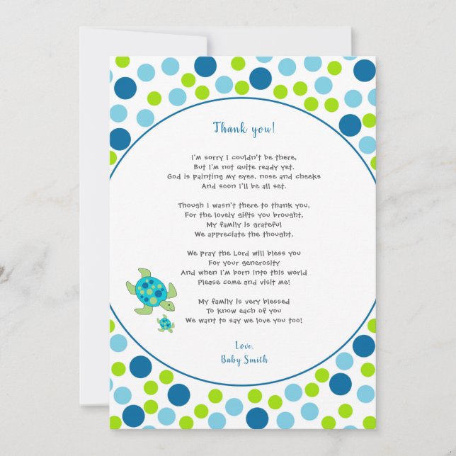 Trendy Dots Sea Turtle baby thank you note + poem Card (Front)