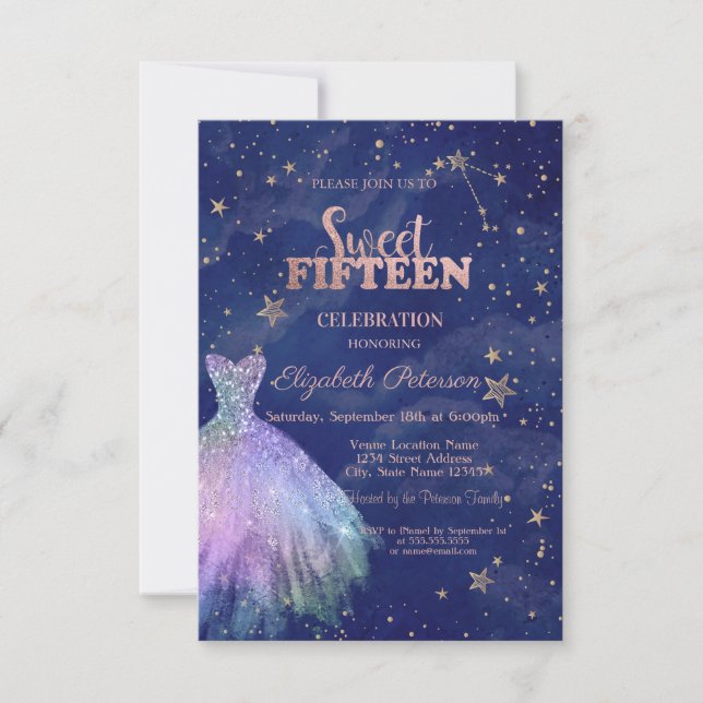 Trendy Dress Stars Navy Blue Holographic Sweet 15 Invitation (Front)