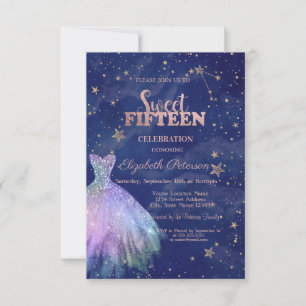 Trendy Dress Stars Navy Blue Holographic Sweet 15 Invitation