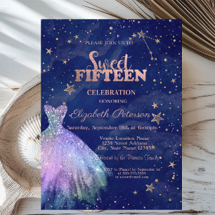 Trendy Dress Stars Navy Blue Holographic Sweet 15 Invitation